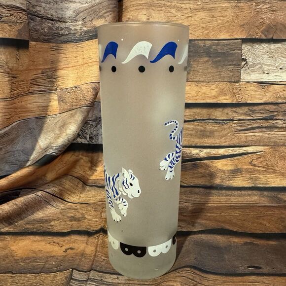 Vtg Libbey MCM Frosted Carousel Circus Blue Tiger Highball Glass 1950s Drinkware - Picture 2 of 8